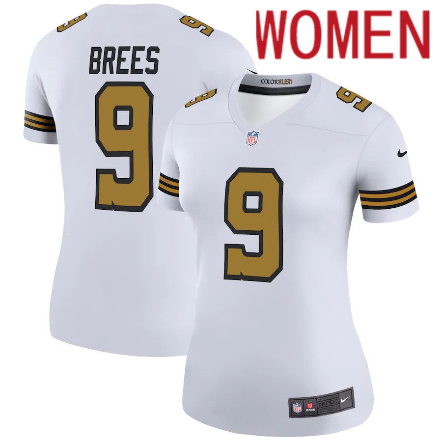 Cheap Women New Orleans Saints 9 Drew Brees Nike White Color Rush Legend NFL Jersey